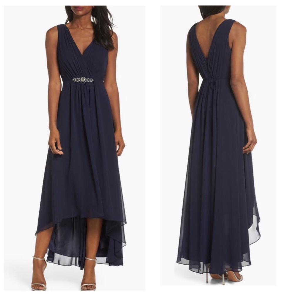 NWT Eliza J Embellished High Low Chiffon Gown Navy